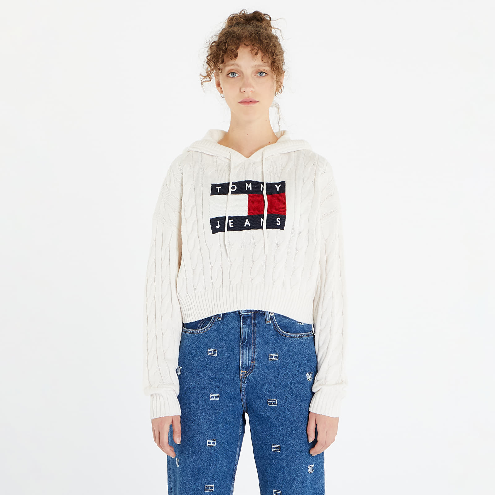 Svetry TOMMY JEANS Center Flag Cable Hoodie White