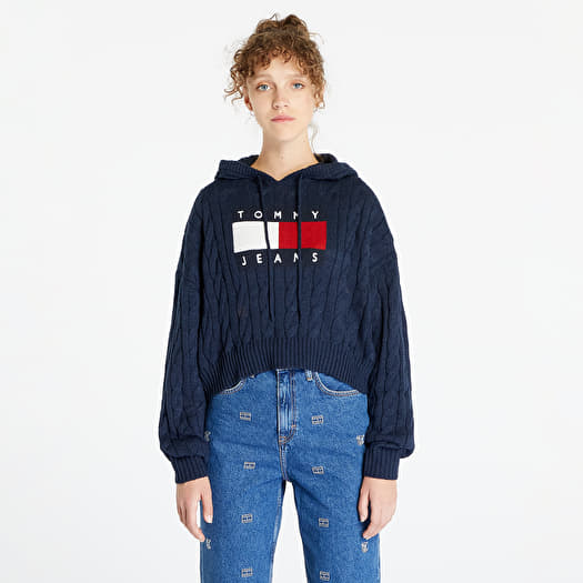 Sweater Tommy Jeans Center Flag Cable Hoodie Blue