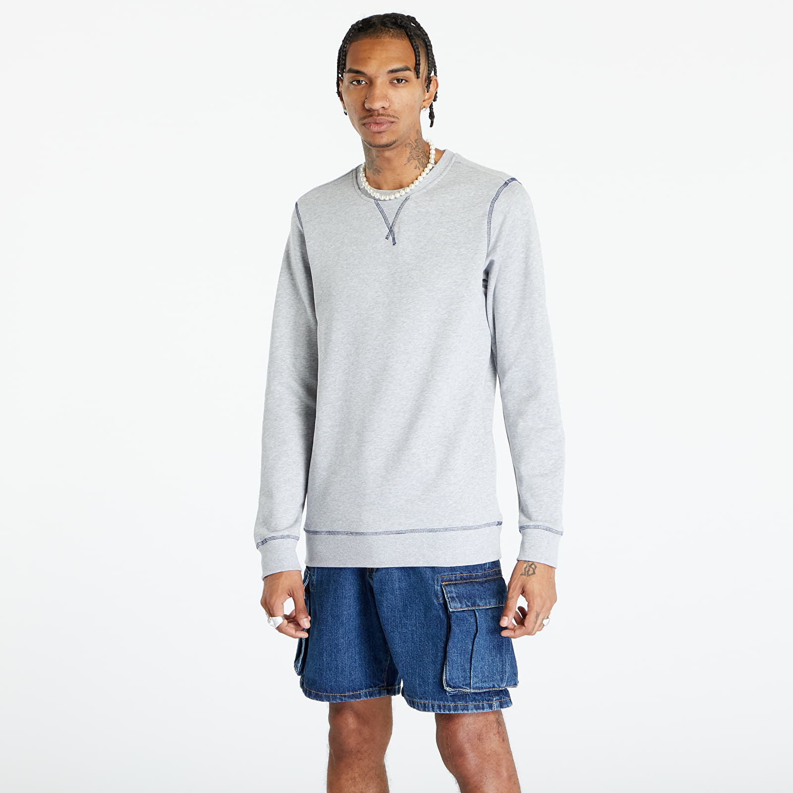 Mikiny Urban Classics Organic Contrast Flatlock Stitched Crew Grey/ Dark Blue