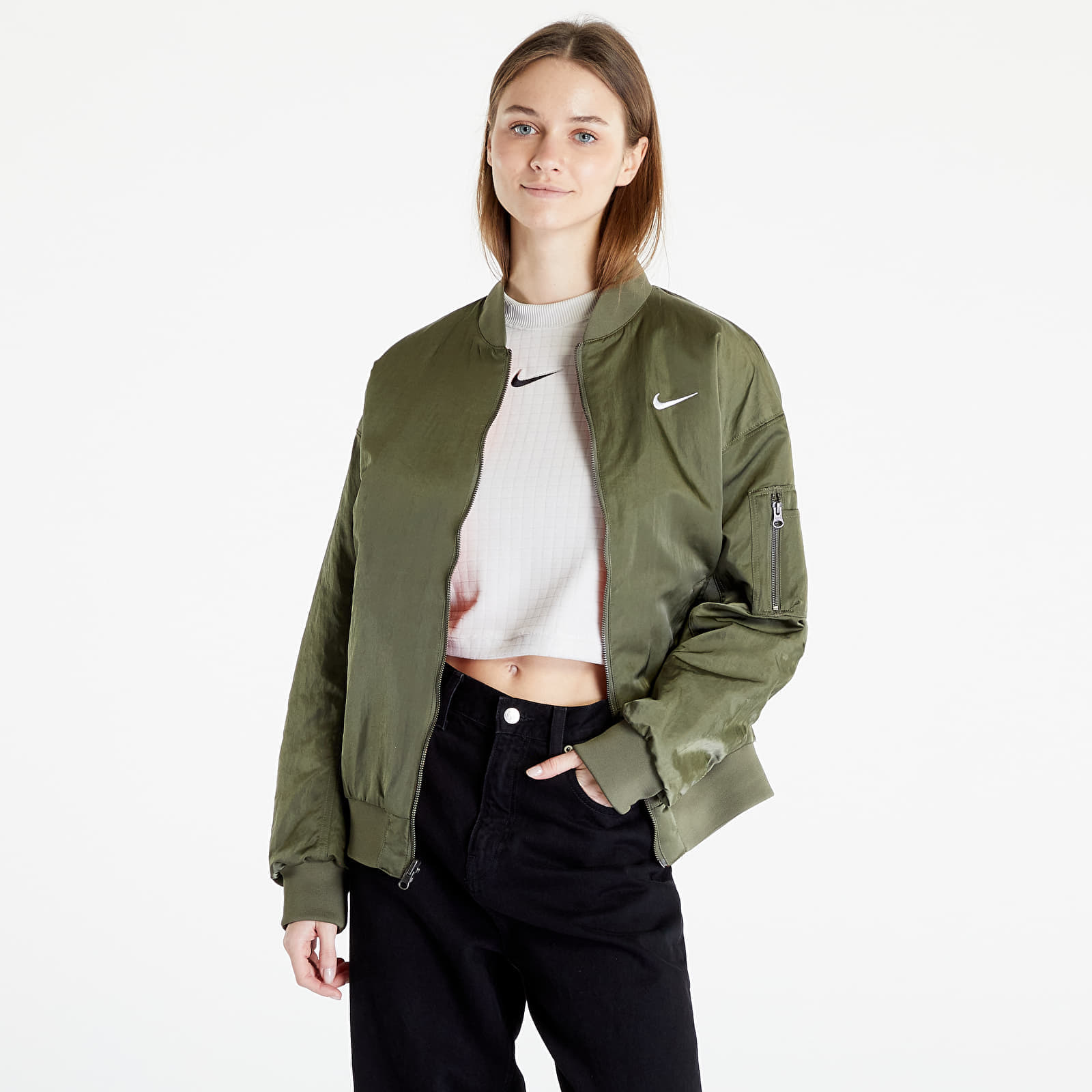 Jackets Nike Sportswear Women's Varsity Bomber Jacket Medium Olive/ Safety Orange/ White