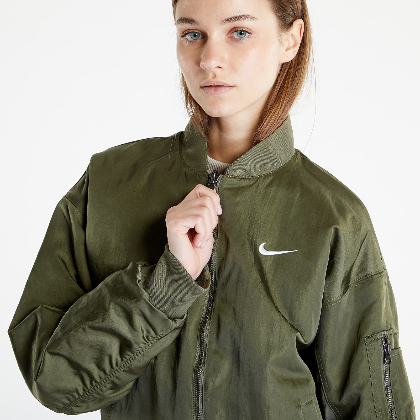 Bundy Nike Sportswear Women's Varsity Bomber Jacket Medium Olive/ Safety Orange/ White