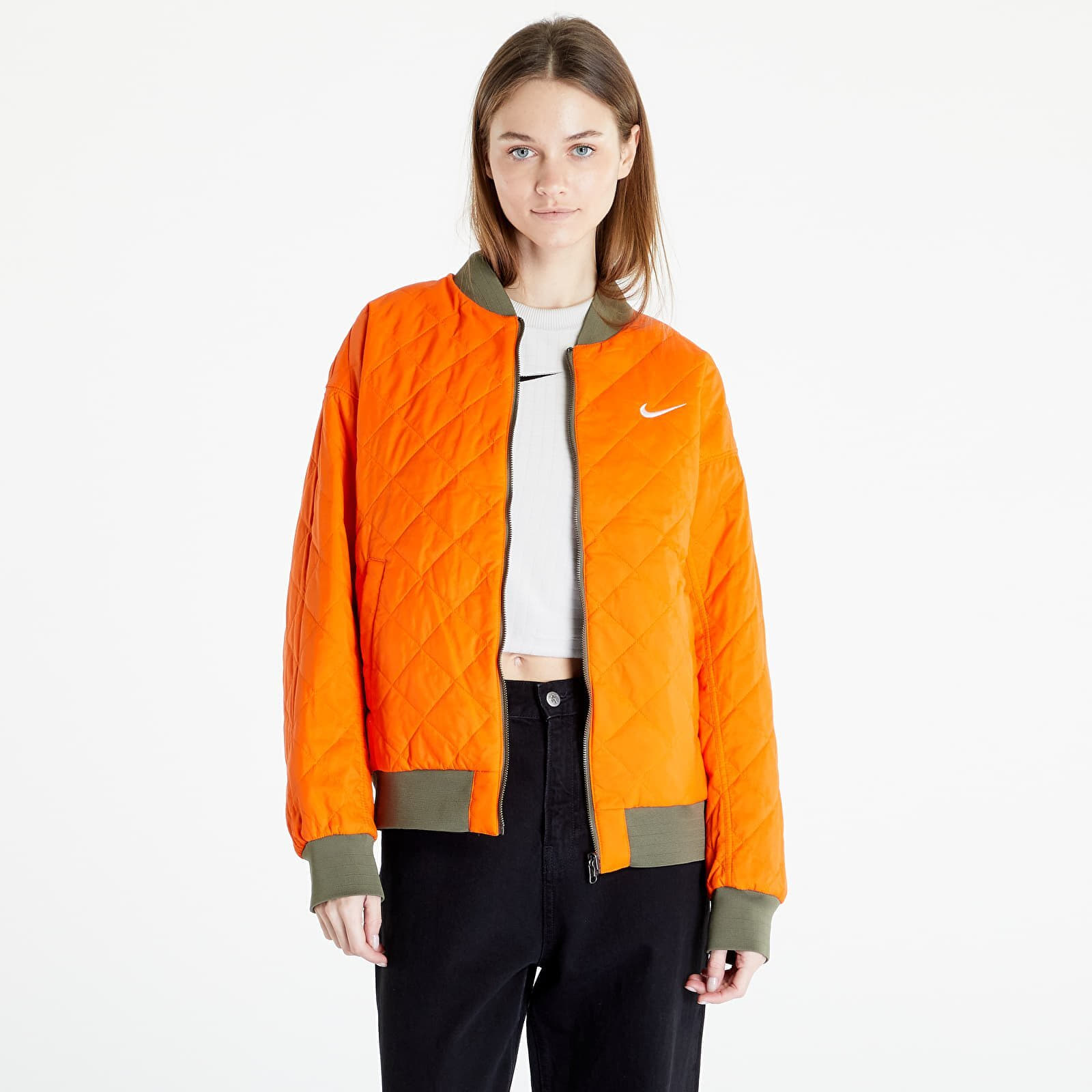 Bundy Nike Sportswear Women's Varsity Bomber Jacket Medium Olive/ Safety Orange/ White