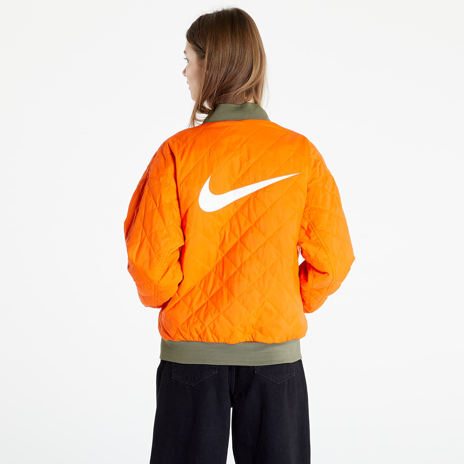 Bundy Nike Sportswear Women's Varsity Bomber Jacket Medium Olive/ Safety Orange/ White