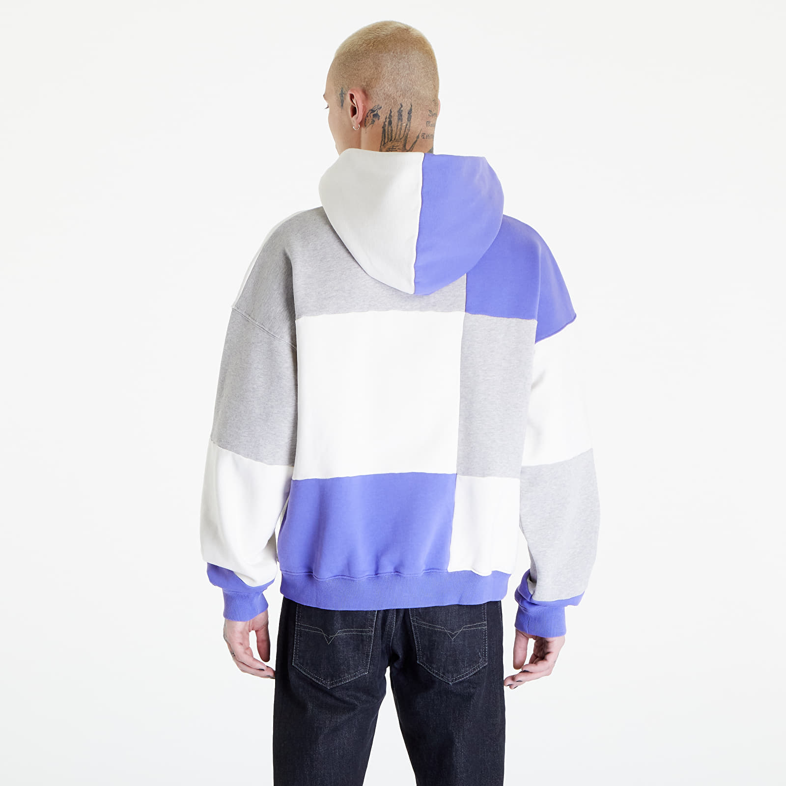 Mikiny PREACH Oversized Patchwork Hoodie GOTS Grey Melange/ Purple/ Off White