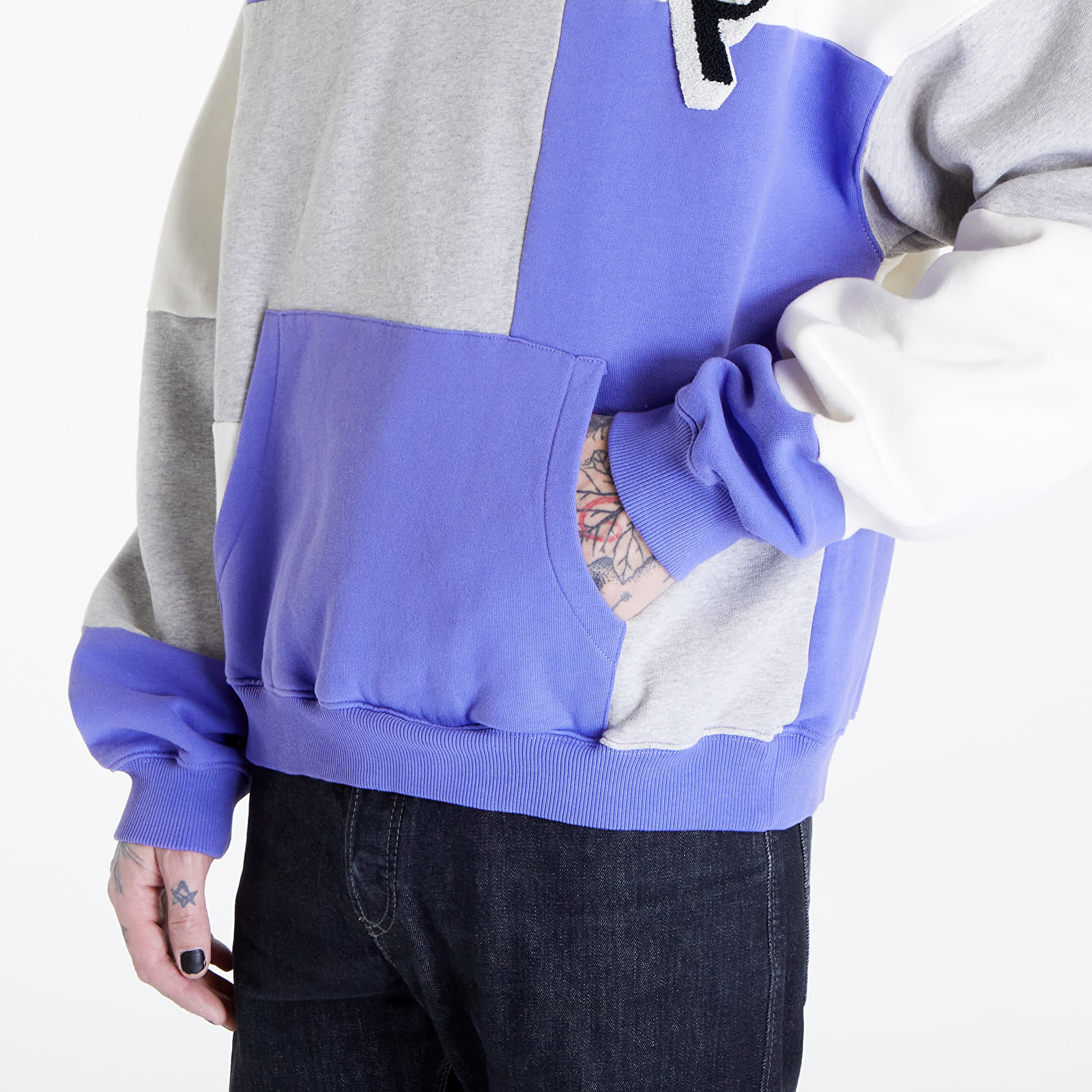 Mikiny PREACH Oversized Patchwork Hoodie GOTS Grey Melange/ Purple/ Off White