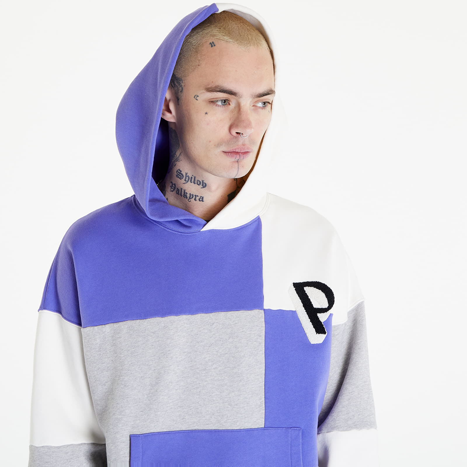Mikiny PREACH Oversized Patchwork Hoodie GOTS Grey Melange/ Purple/ Off White