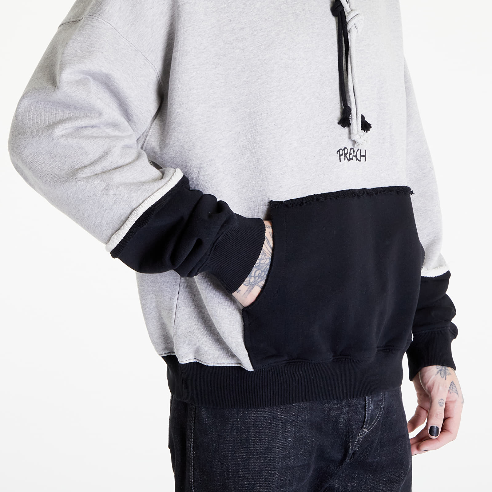 Hanorace PREACH Oversized Raw Edges Hoodie GOTS Grey Melange/ Black