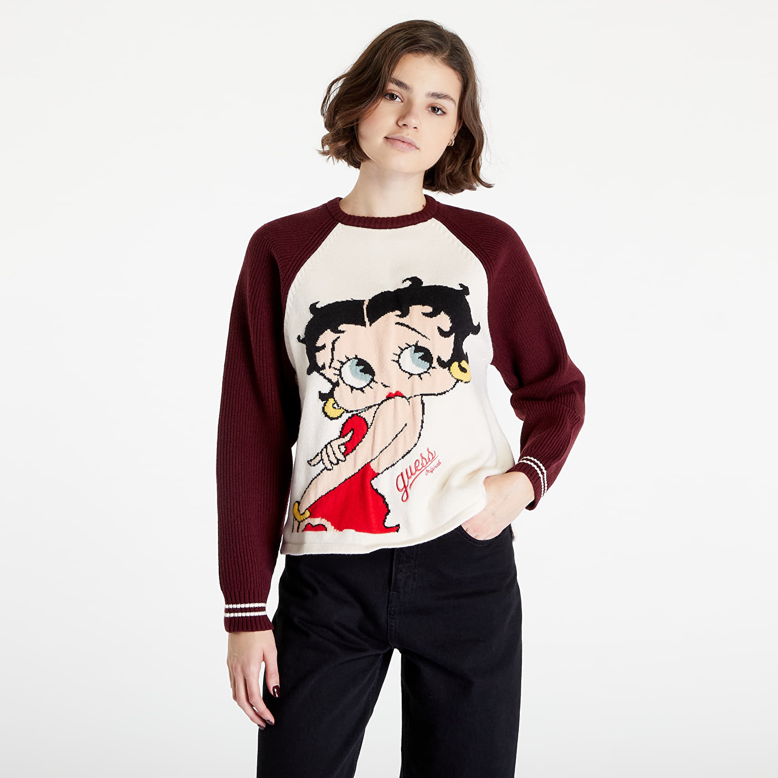 Gensere GUESS Betty Boop Intarsia Sweater Beige/ Wine