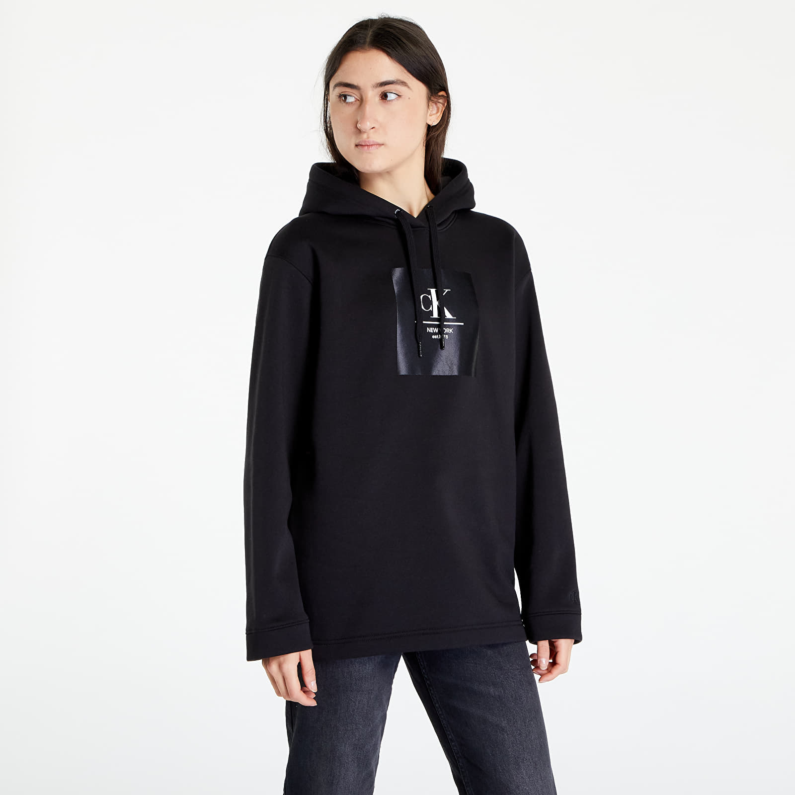 Mikina Calvin Klein Jeans Woven Label Oversized Hoodie Black M