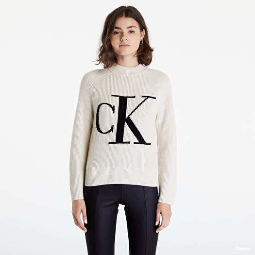 Relaxed Cotton Sweaters JEANS CALVIN Cream Organic Logo Queens KLEIN Jumper |