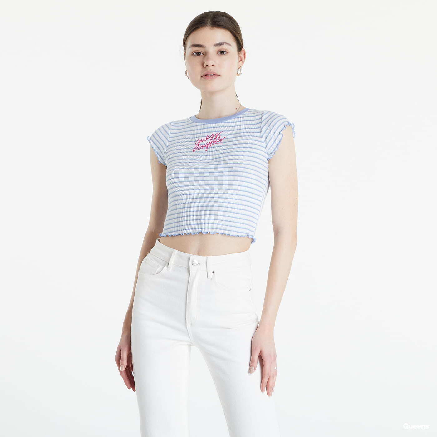 Tops GUESS Front Logo Striped Crop T-Shirt Blue