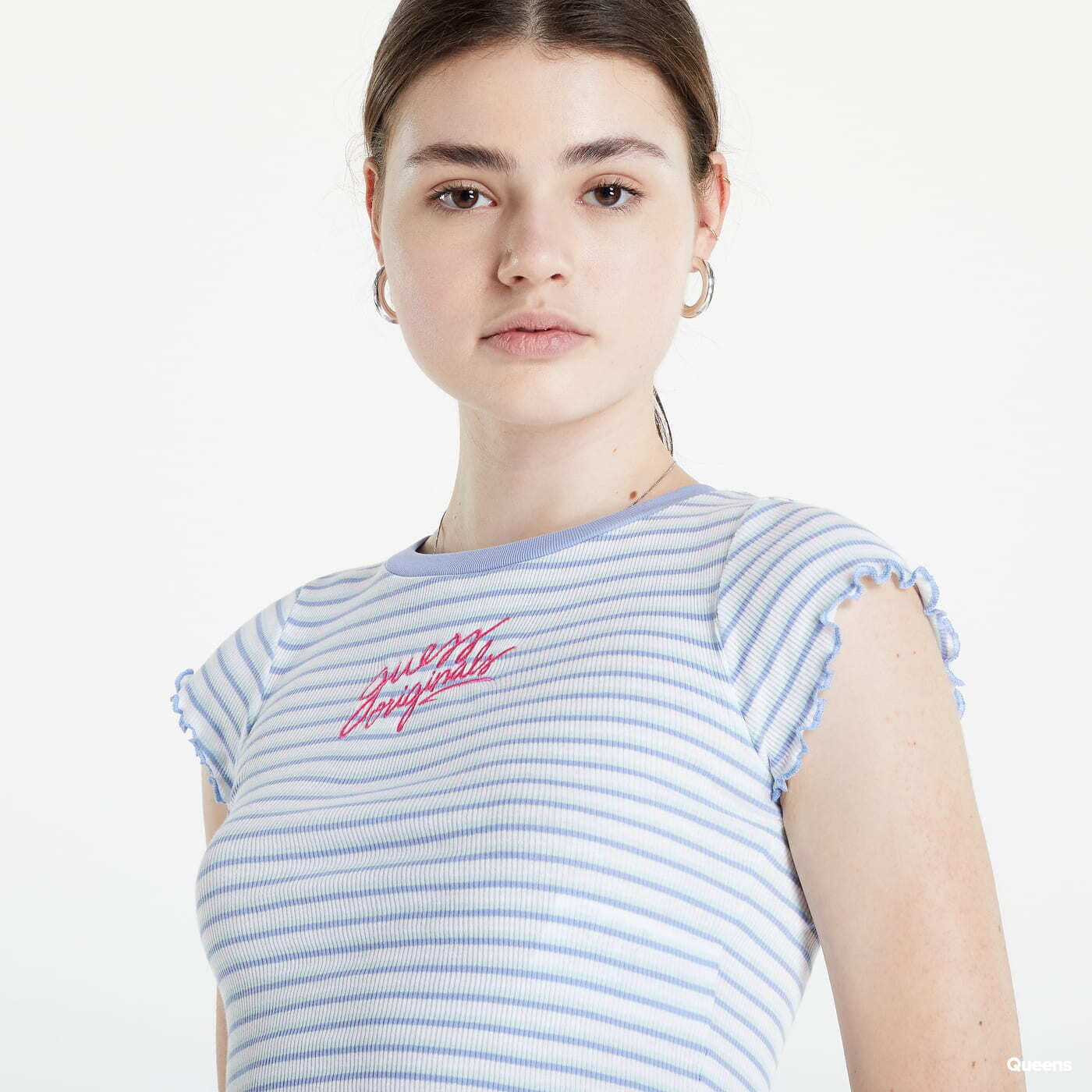 Tops GUESS Front Logo Striped Crop T-Shirt Blue
