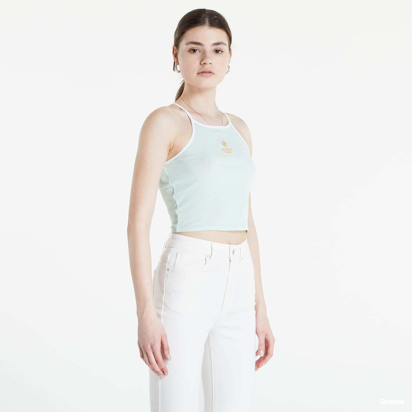 Tank topper GUESS Front Daisy Crop Tank Top tyrkysové