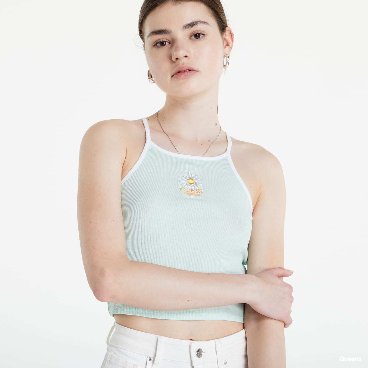 Tank topper GUESS Front Daisy Crop Tank Top tyrkysové