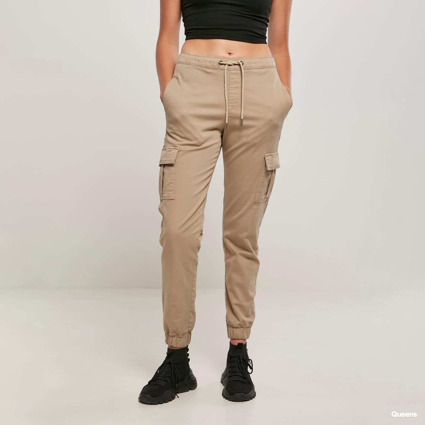 Hosen Urban Classics Ladies High Waist Cargo Comfort Jogging Pants Beige