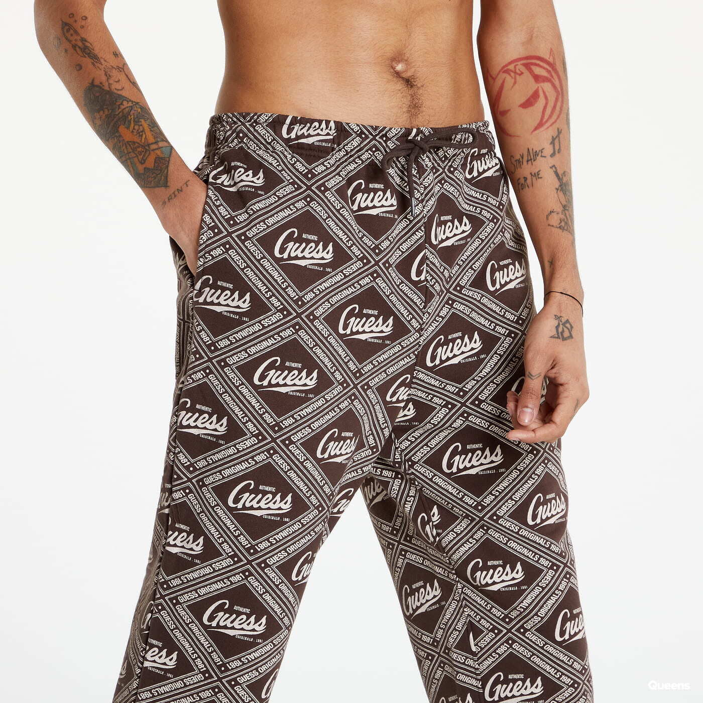 Jogger Pants GUESS All Over Logo Sweatpants Brown