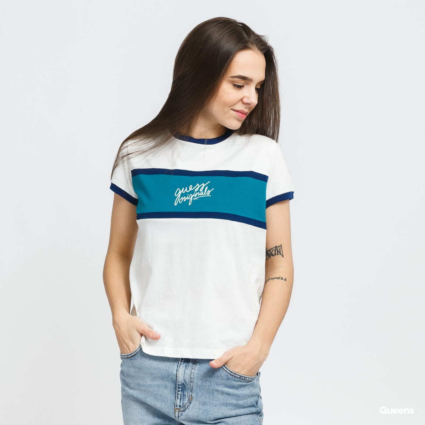 Women's striped best sale guess t shirt