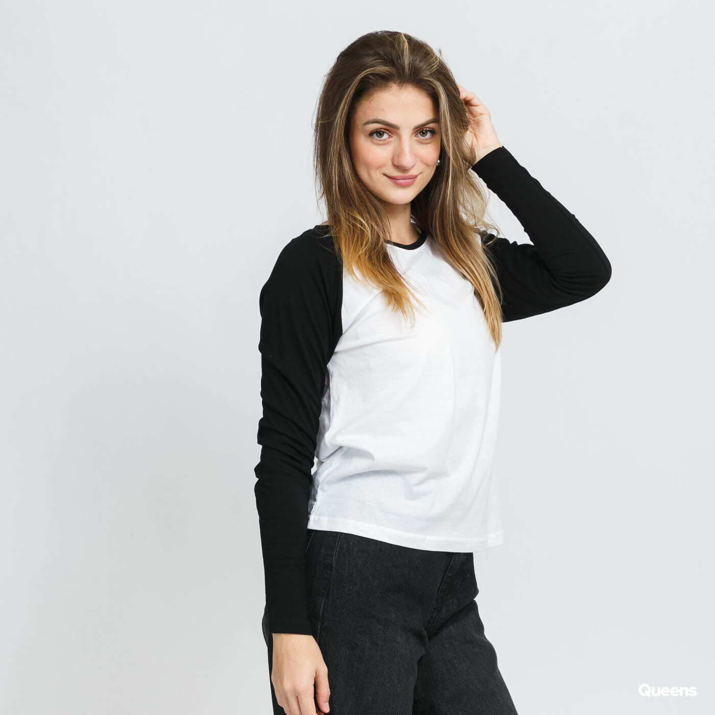 Urban T-Shirts Black Ladies Contrast Raglan Queens Longsleeve | White Classics /
