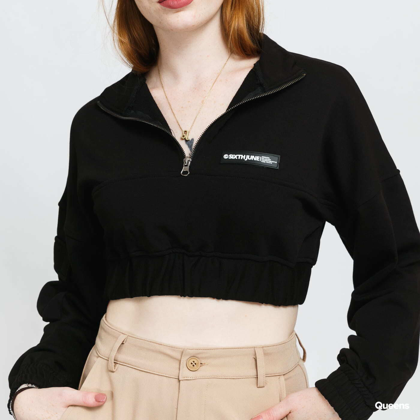 Mikiny Sixth June Zip Up Crop Sweatshirt Black