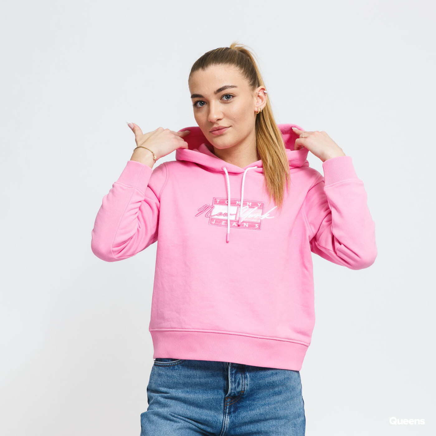 Mikiny TOMMY JEANS W Cropped Tommy Flag Hoodie Pink