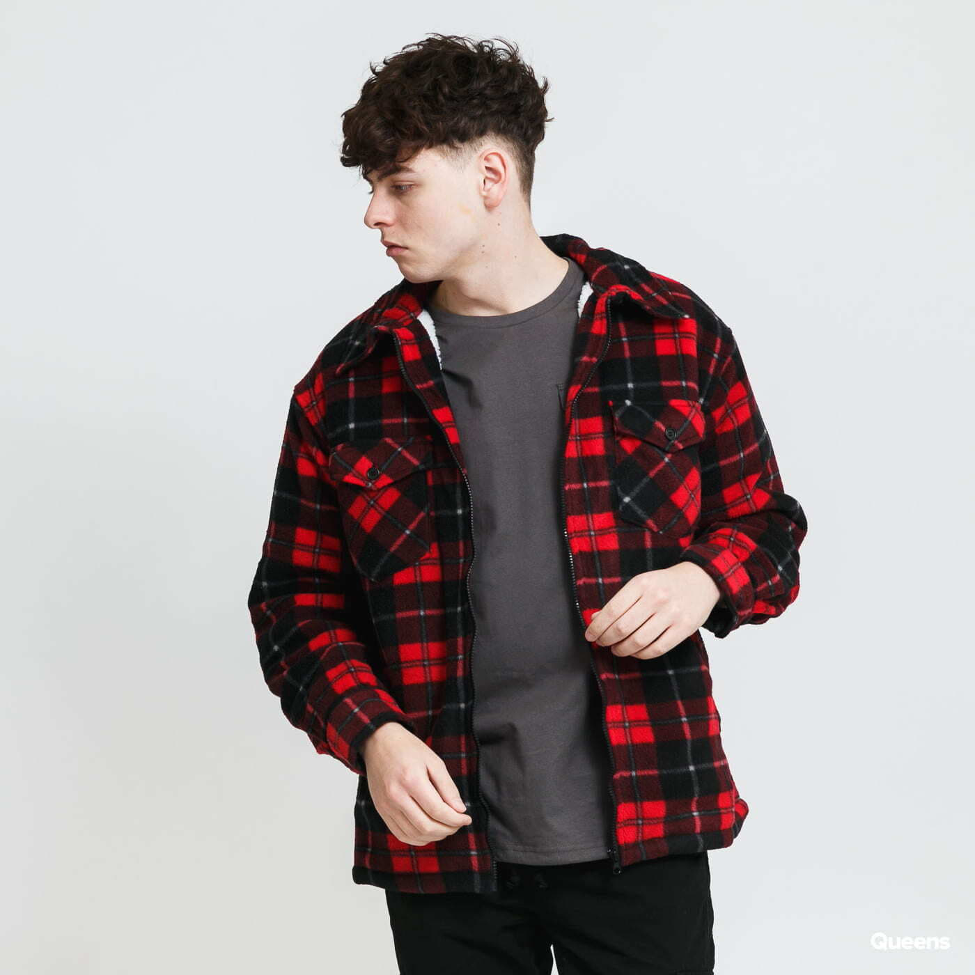 Urban Classics Plaid Teddy Lined Shirt Jacket Black/ Red