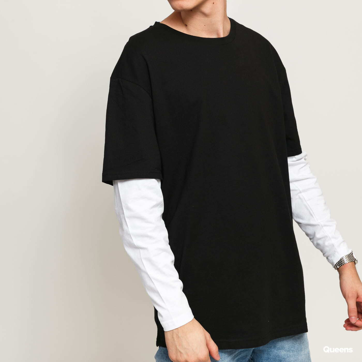 Tee Layer Black/ Queens T-shirts LS Double Shaped Urban | Oversized Classics White