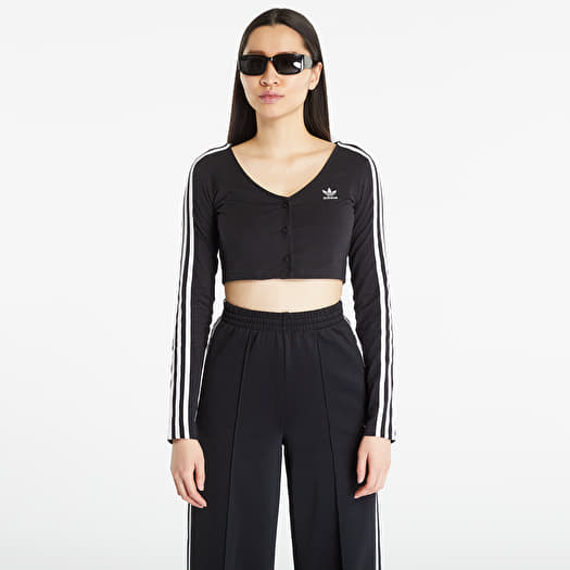 T Shirts adidas Originals Adicolor Classics 3 Stripes Button Long Sleeve Black Queens