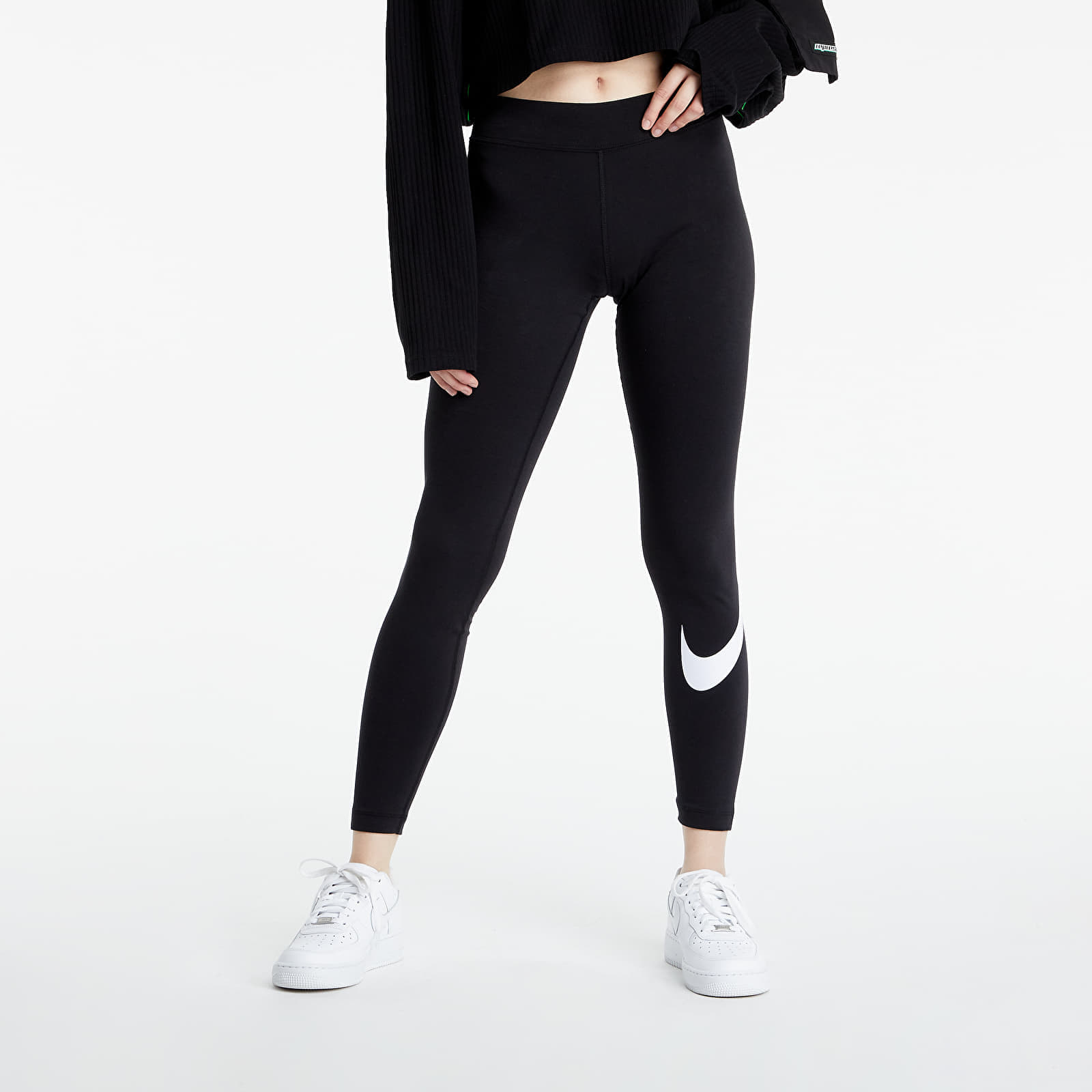 Legíny Nike NSW Essential Women's Mid-Rise Swoosh Leggings Black/ White