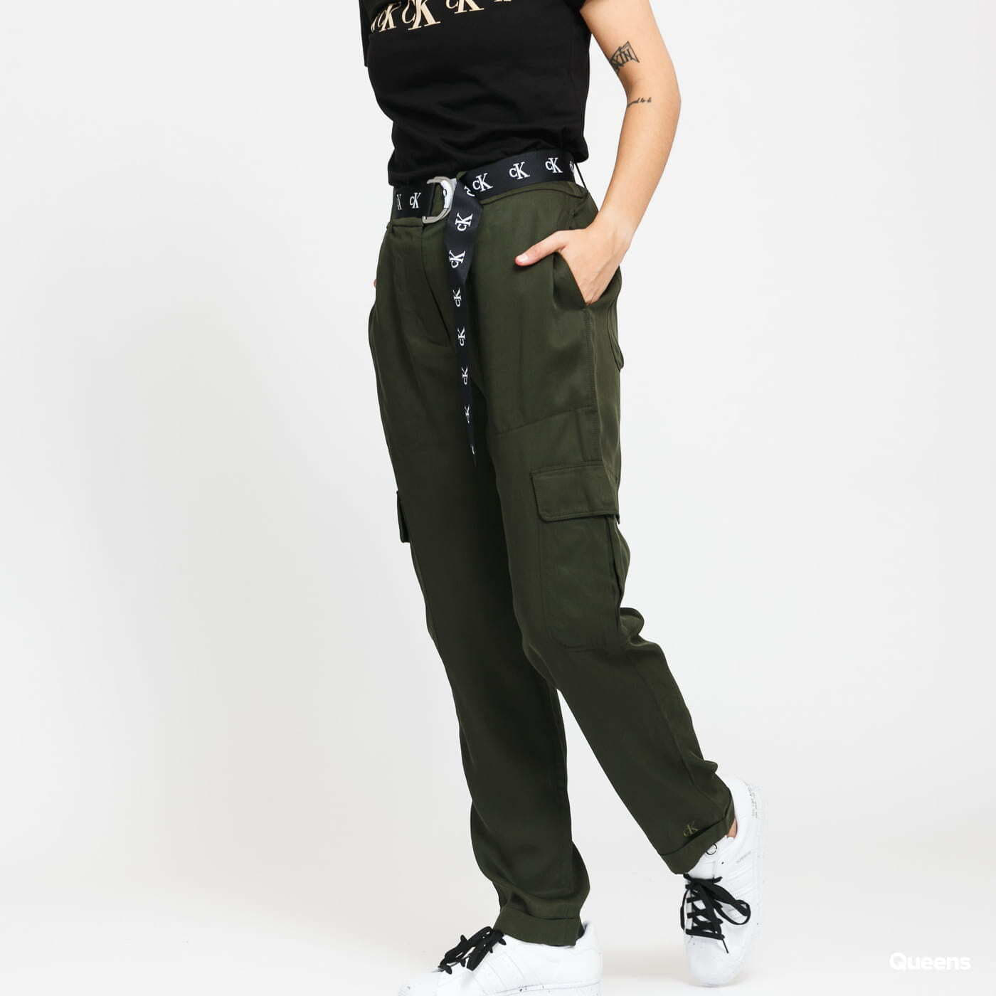 Cargo nohavice CALVIN KLEIN JEANS W Belted Utility Taper Olive