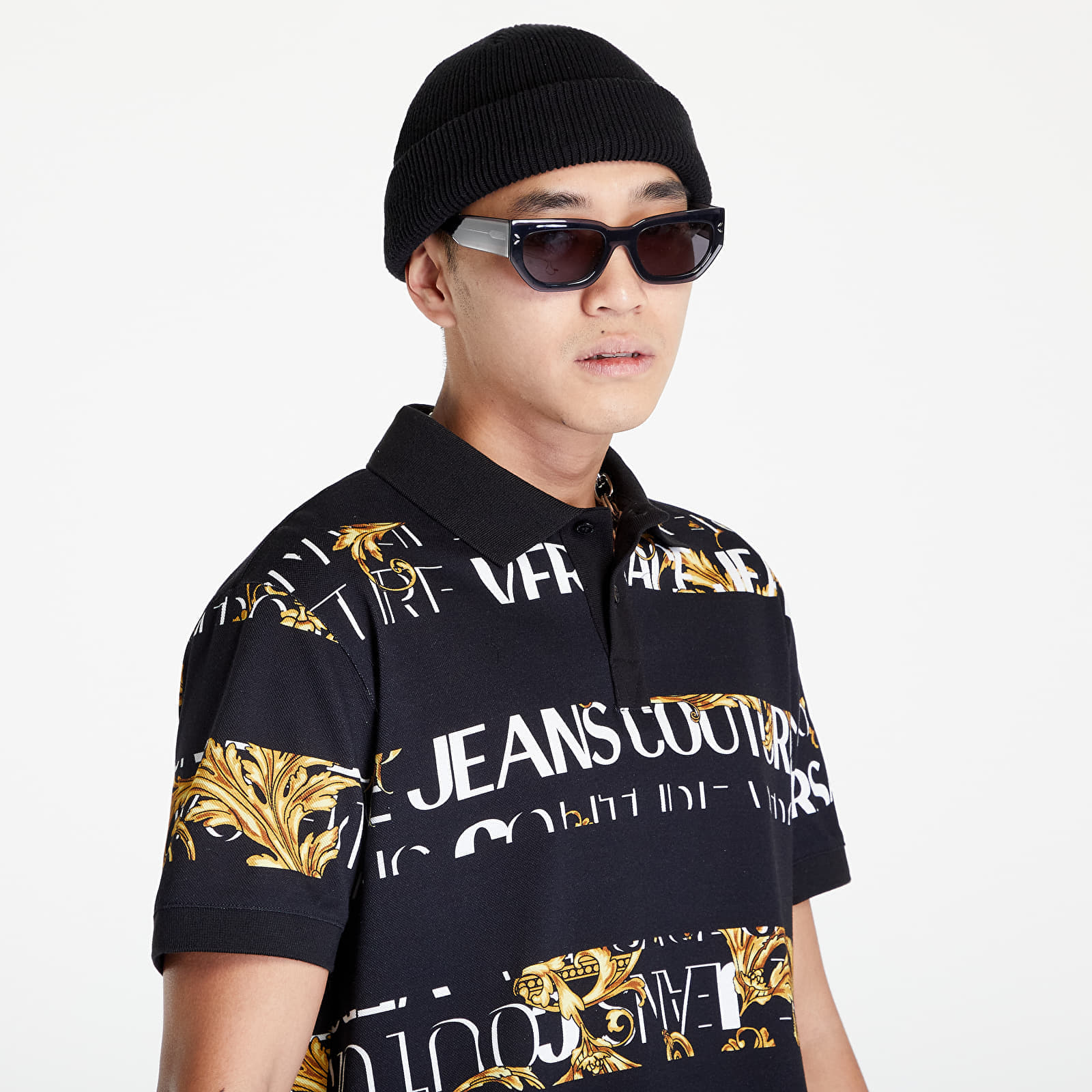 Tricouri Versace Jeans Couture R Print Stripes Logo B Polo T-Shirt Black/ Gold