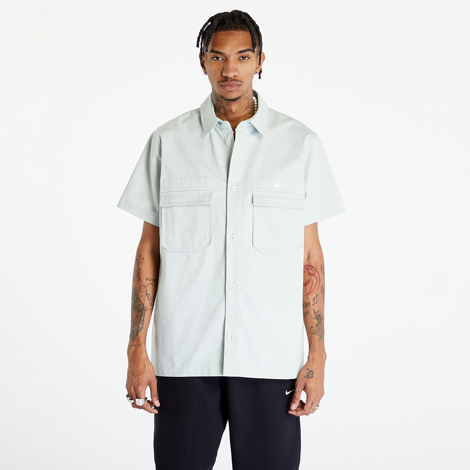 Koszule Nike Life Woven Military Short-Sleeve Button-Down Shirt Light Silver/ White