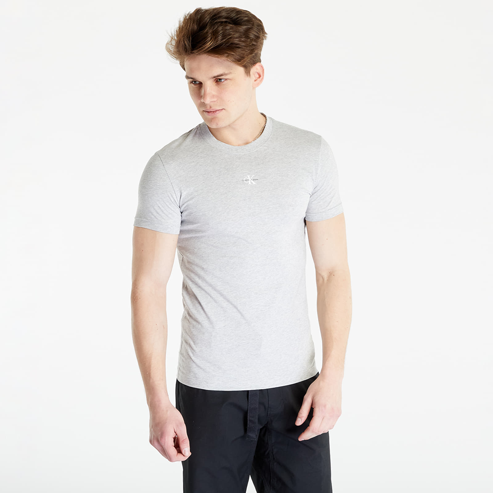 Micro | Queens CALVIN JEANS Monologo S/S Light Grey KLEIN Knit T-shirts Top Tee Heather