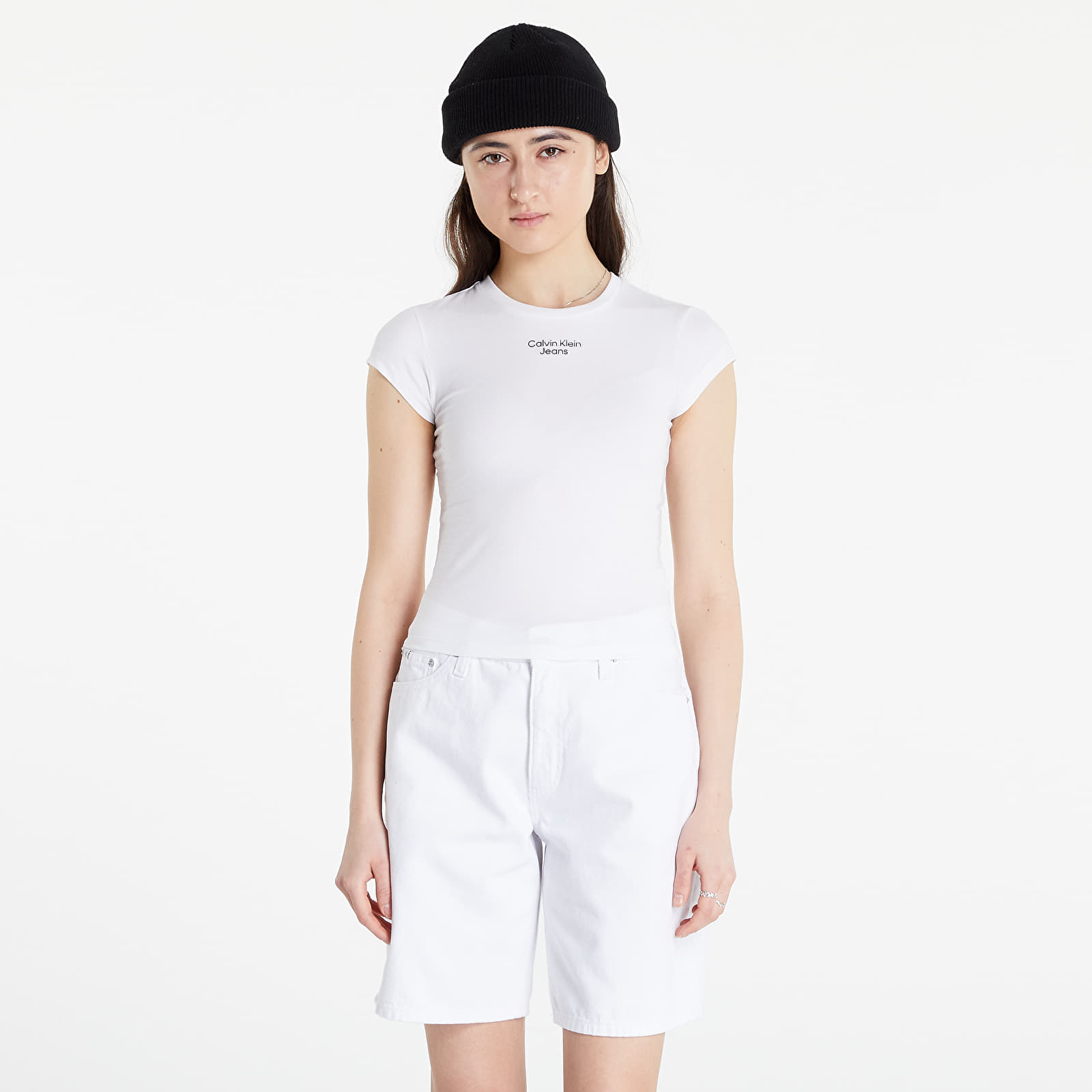 Jeans Tee JEANS Klein T-shirts Queens White | Bright Calvin KLEIN Stacked Logo CALVIN Tight