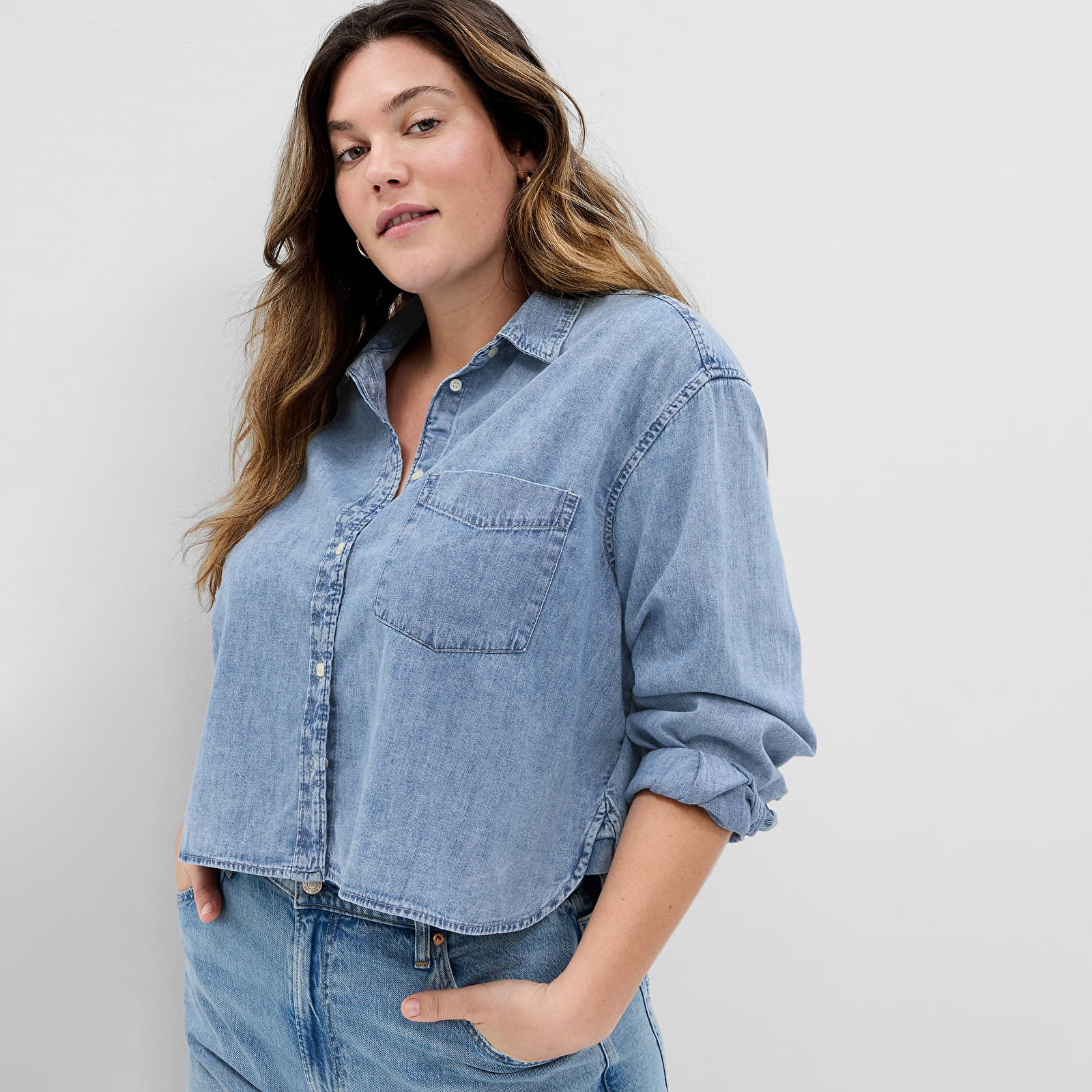 Shirts GAP Ls Cropped Denim Shirt - Lt Sanford Light Wash