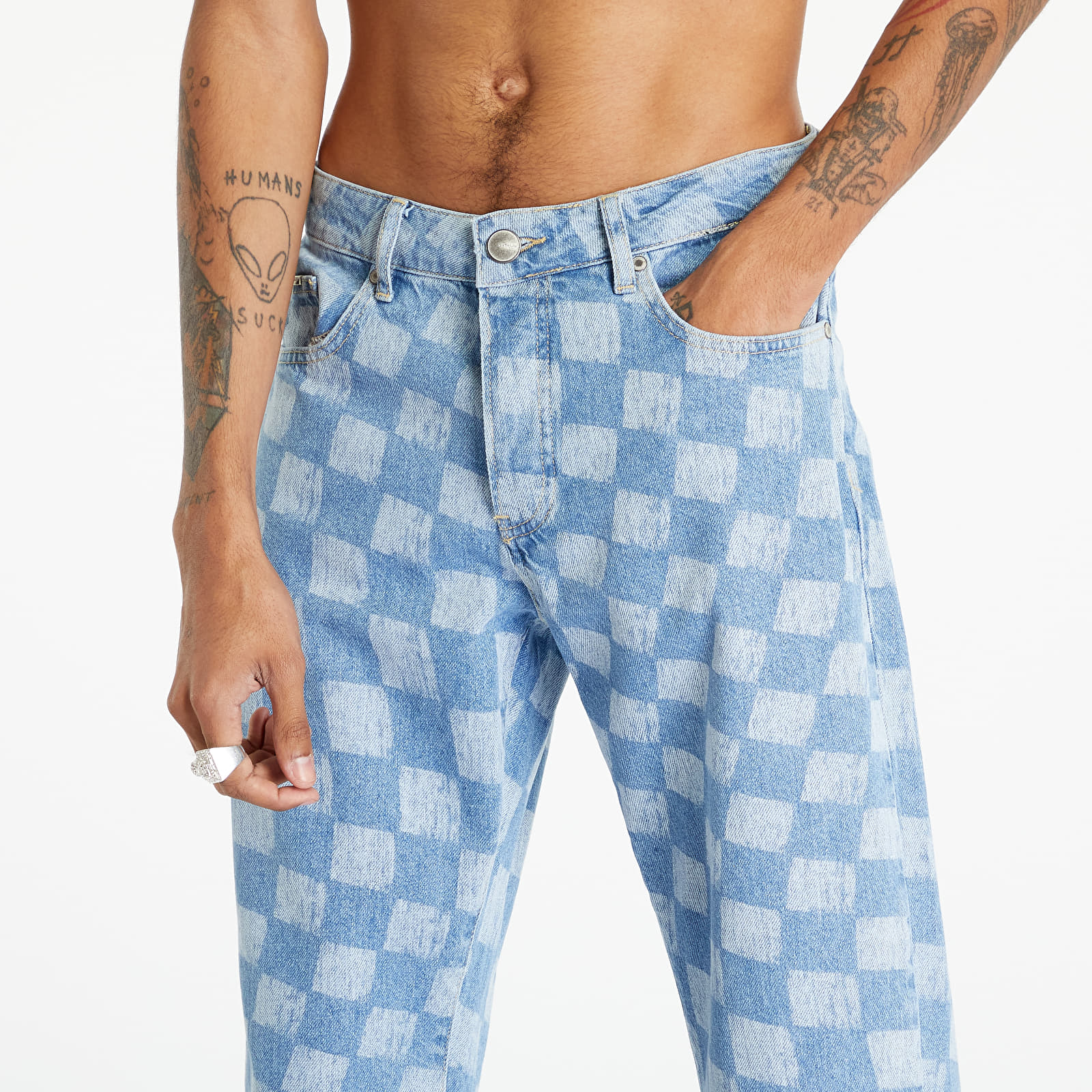 Pantalones de mujer Sixth June Relaxed Damier Denim Pants Blue