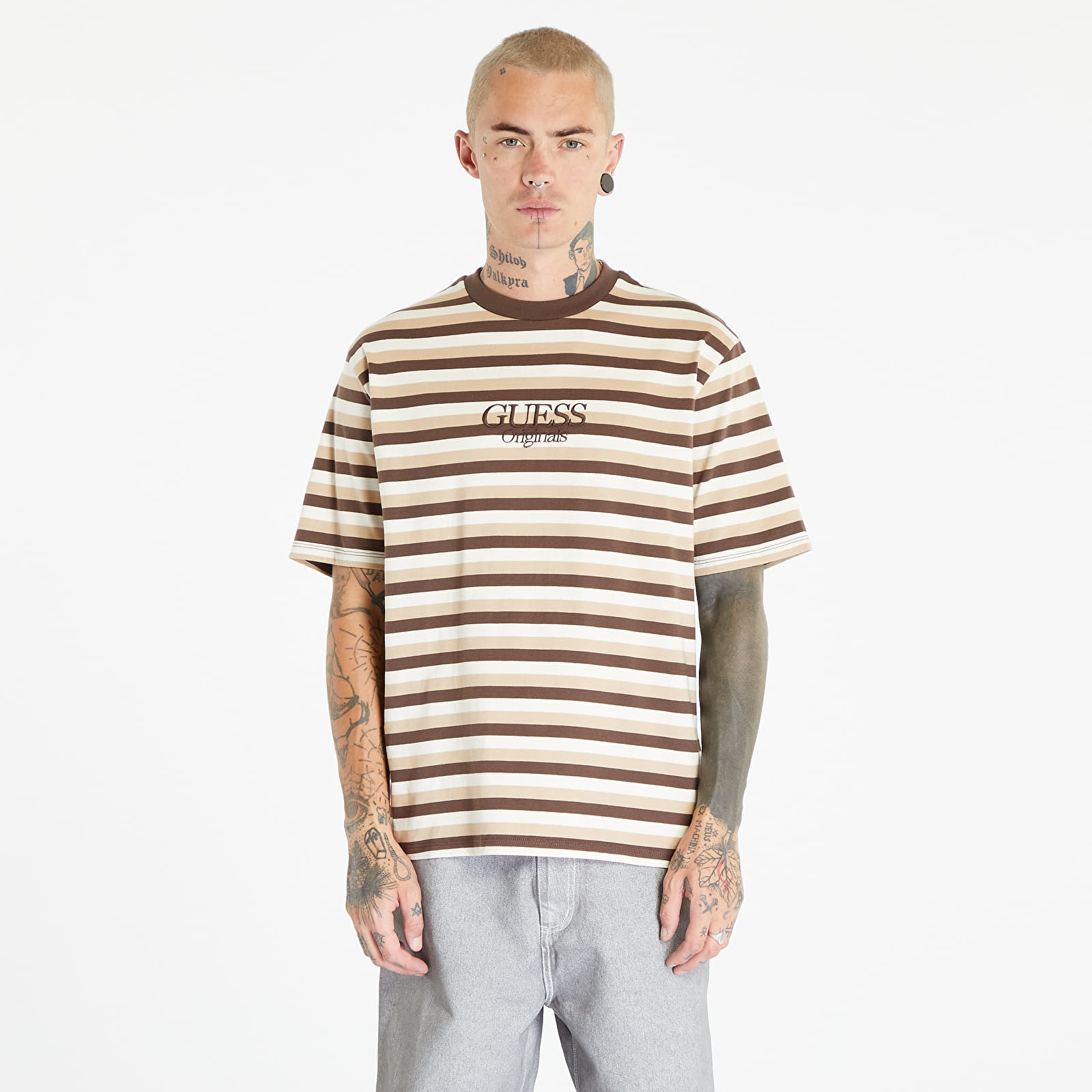 Tricou GUESS Horizontal Stripe Tee Coarse Brown Multi