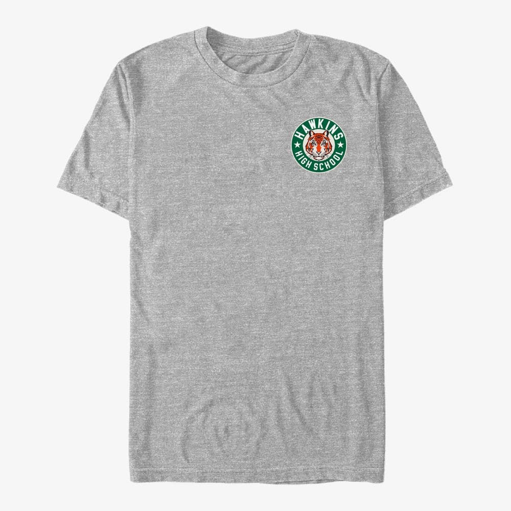 T-Shirts Merch Netflix Stranger Things - Hawkins High Tiger Emblem Unisex T-Shirt Heather Grey