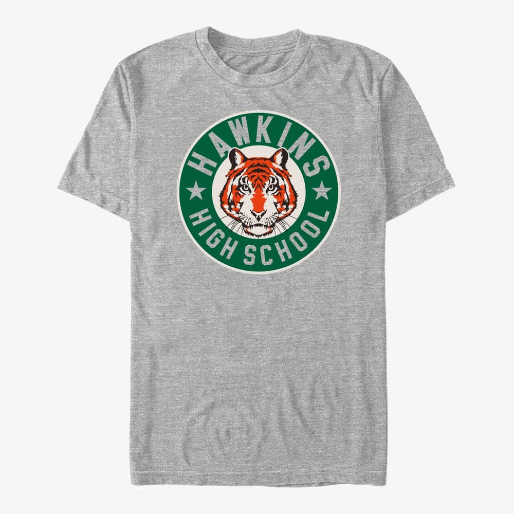 T-Shirts Merch Netflix Stranger Things - Hawkins High Tiger Emblem Unisex T-Shirt Heather Grey