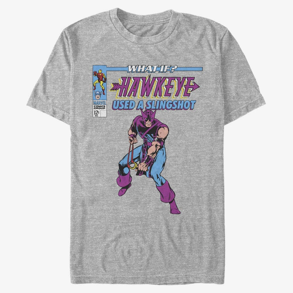 T-shirts Merch Marvel Avengers Classic - WI HAWKEY USED A SLINGSHOT Unisex T-Shirt Heather Grey