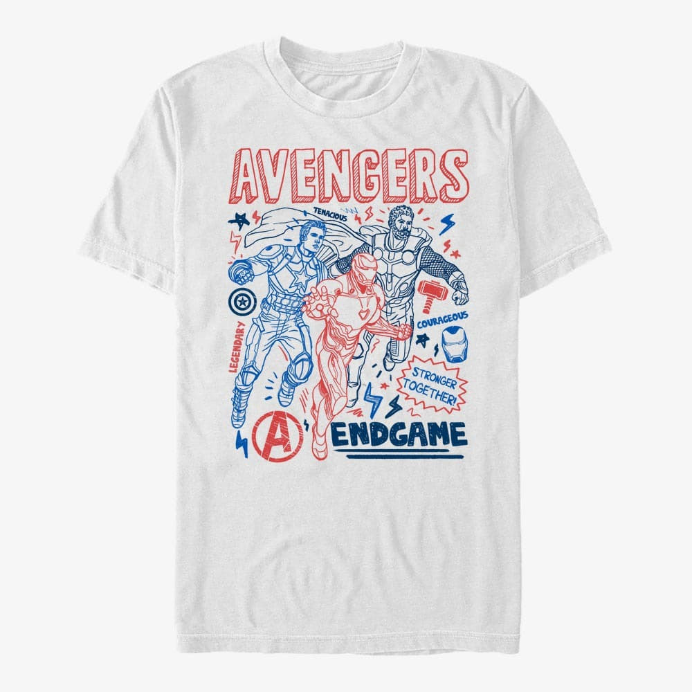 Trička Merch Marvel Avengers: Endgame - Earths Mightiest Doodles Unisex T-Shirt White