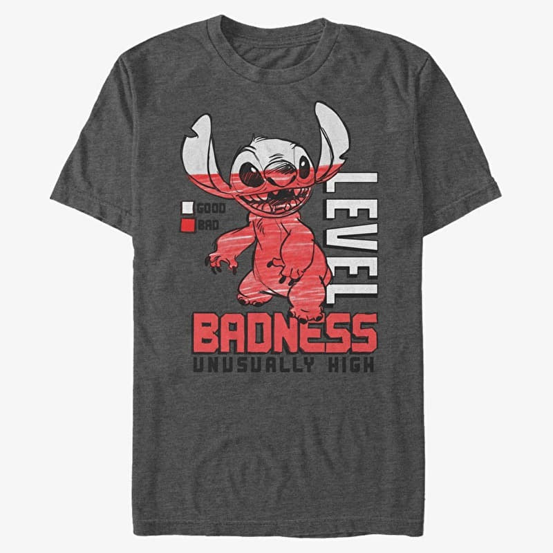 T-paita Merch Disney Classics Lilo & Stitch - Badness Level Unisex T-Shirt Dark Heather Grey