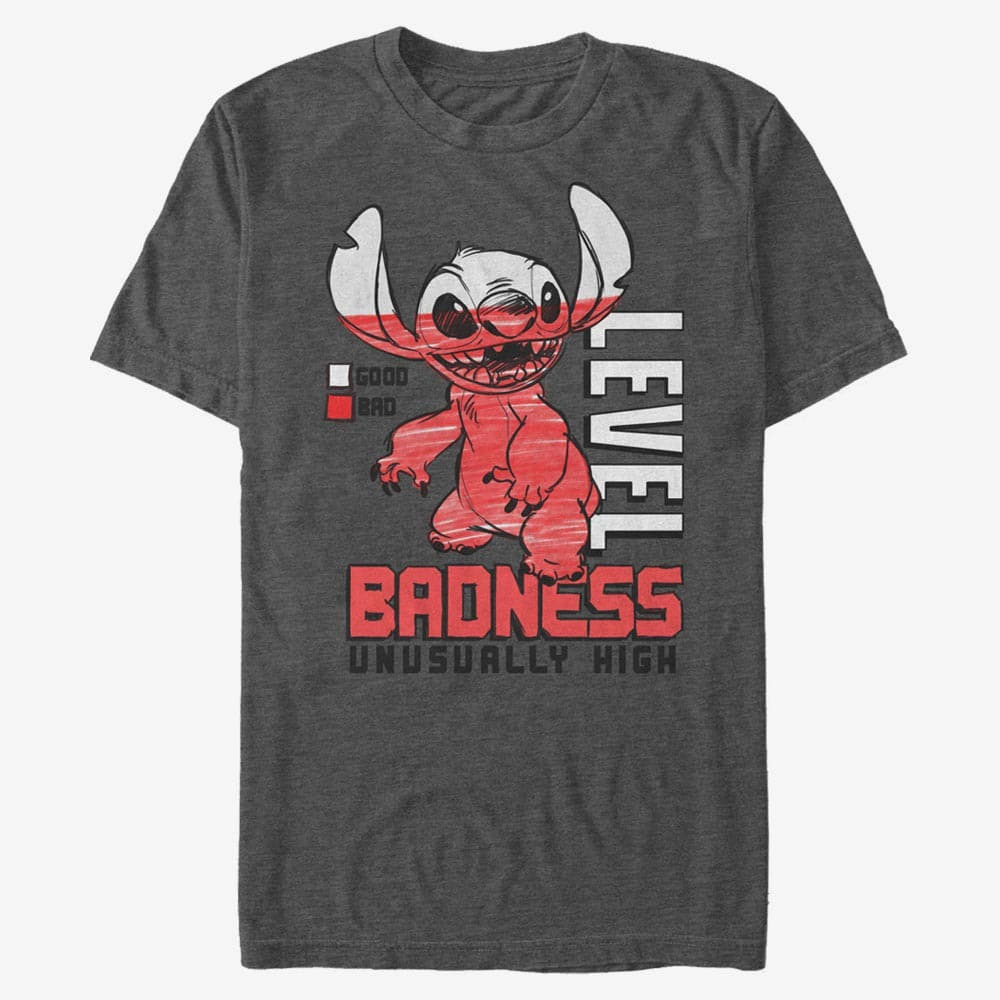 T-Shirts Merch Disney Classics Lilo & Stitch - Badness Level Unisex T-Shirt Dark Heather Grey