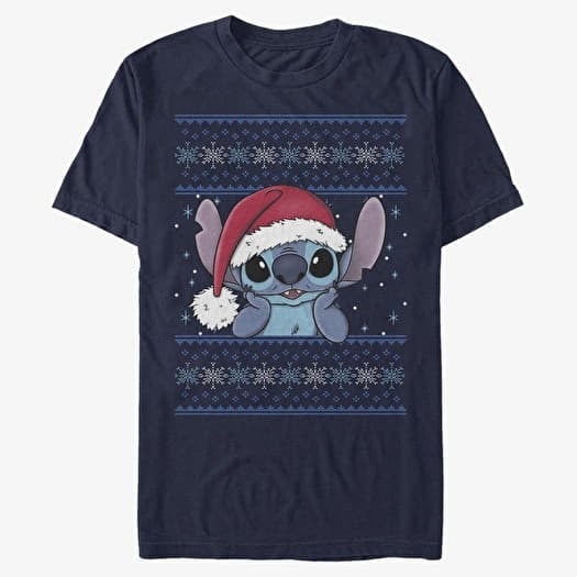 T-shirt Merch Disney Lilo & Stitch - Holiday Stitch Wearing Santa Hat Unisex T-Shirt Navy Blue