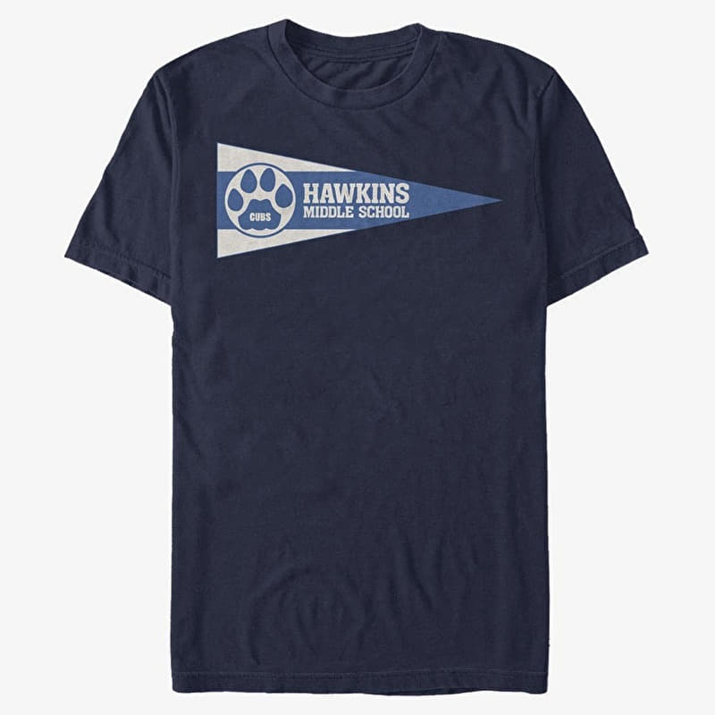Merch Netflix Stranger Things - Hawkins Pennant Flag Men's T-Shirt Navy Blue