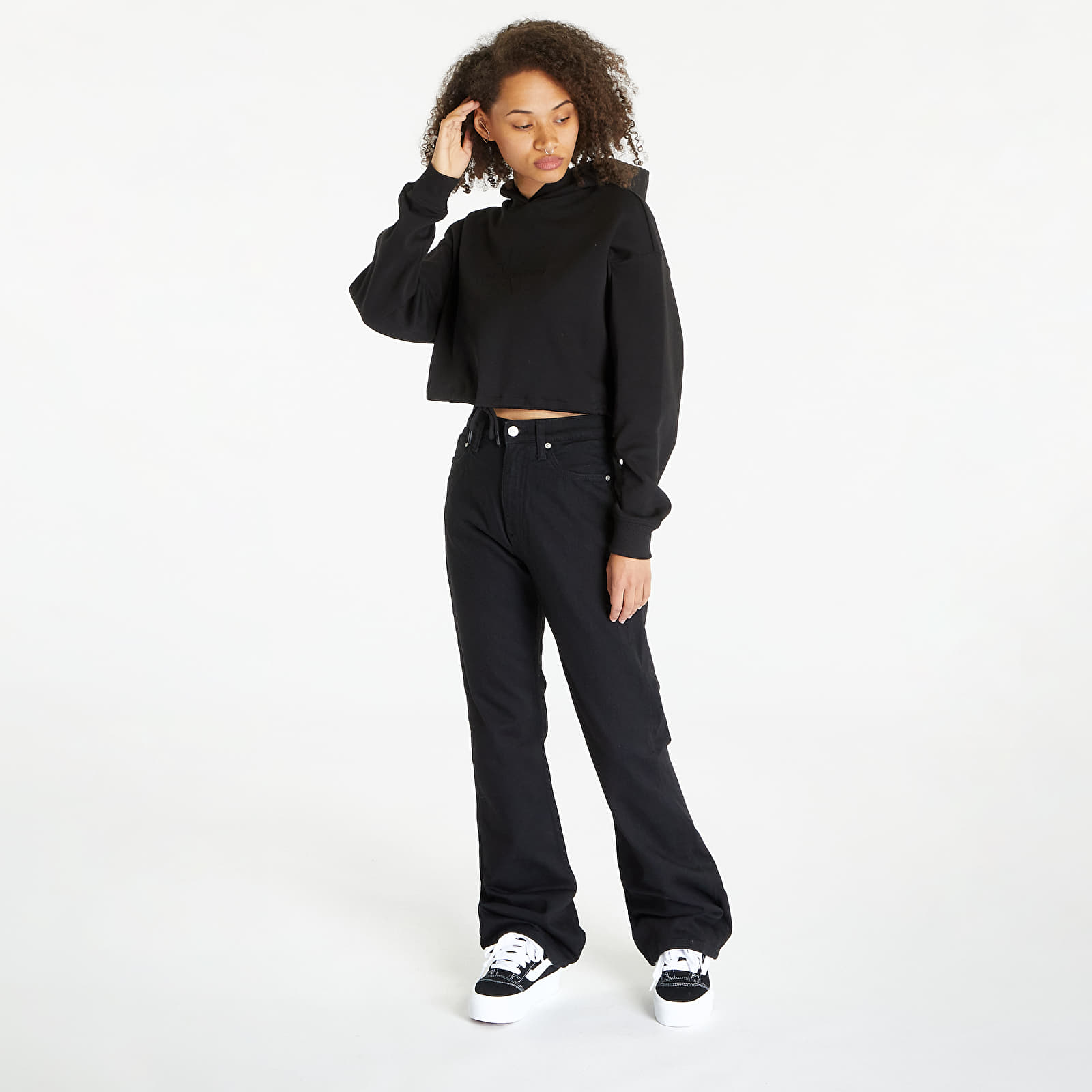Hanorace Calvin Klein Jeans Cropped Embossed Logo Hoodie Black