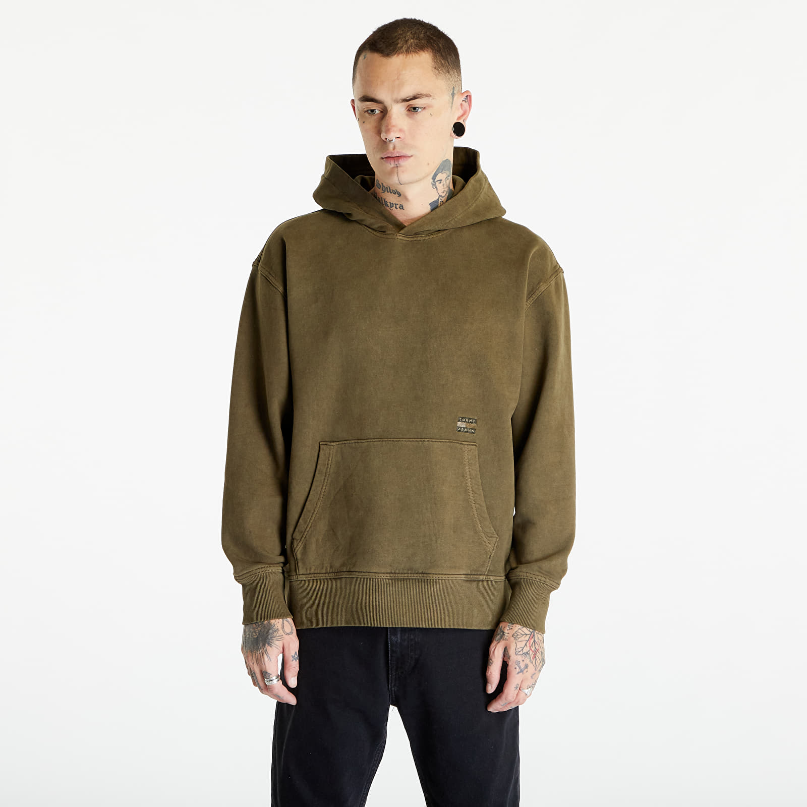 Mikiny Tommy Jeans Relaxed Tonal Badge Hoodie Drab Olive Green