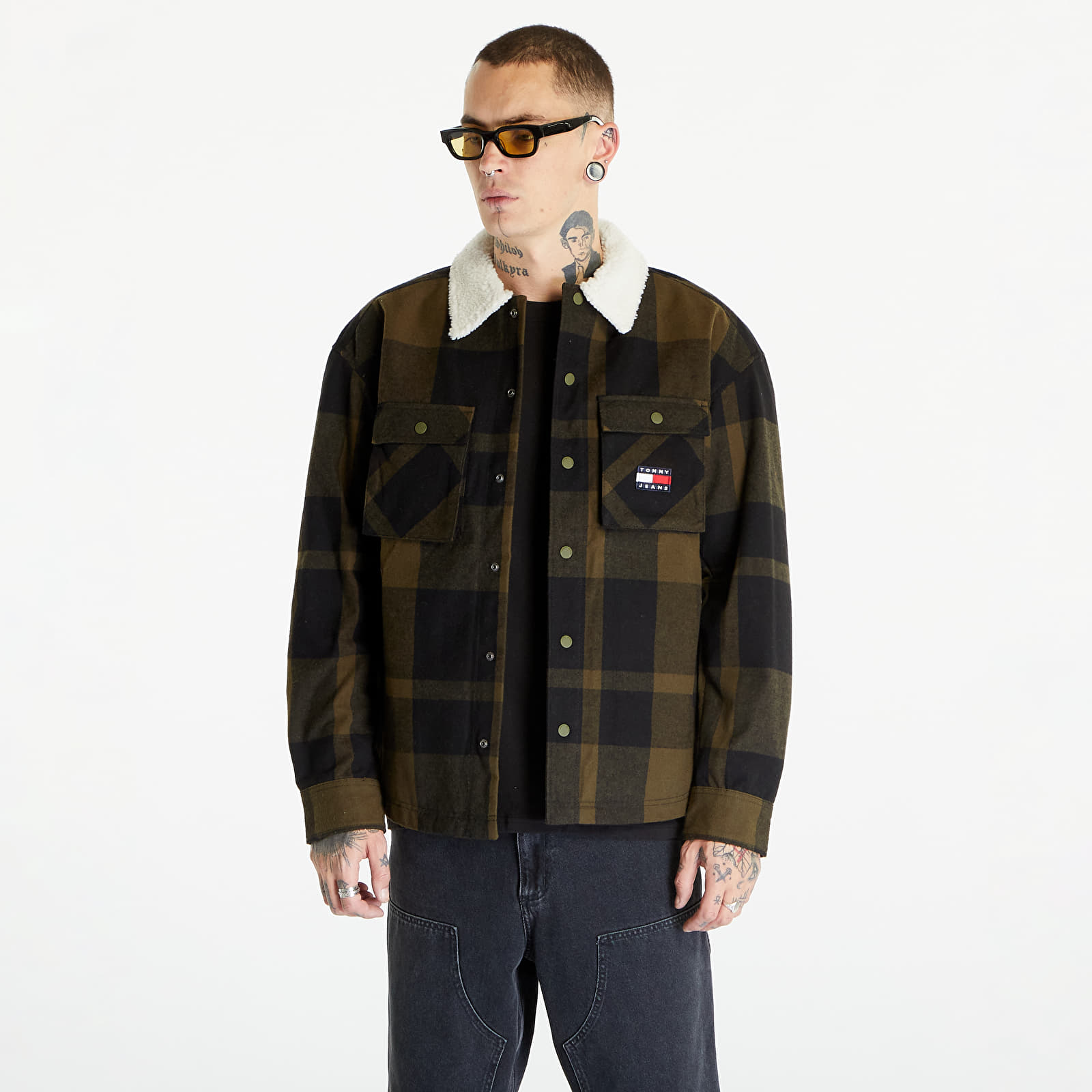 Bundy Tommy Jeans Check Sherpa Lin Overshirt Green