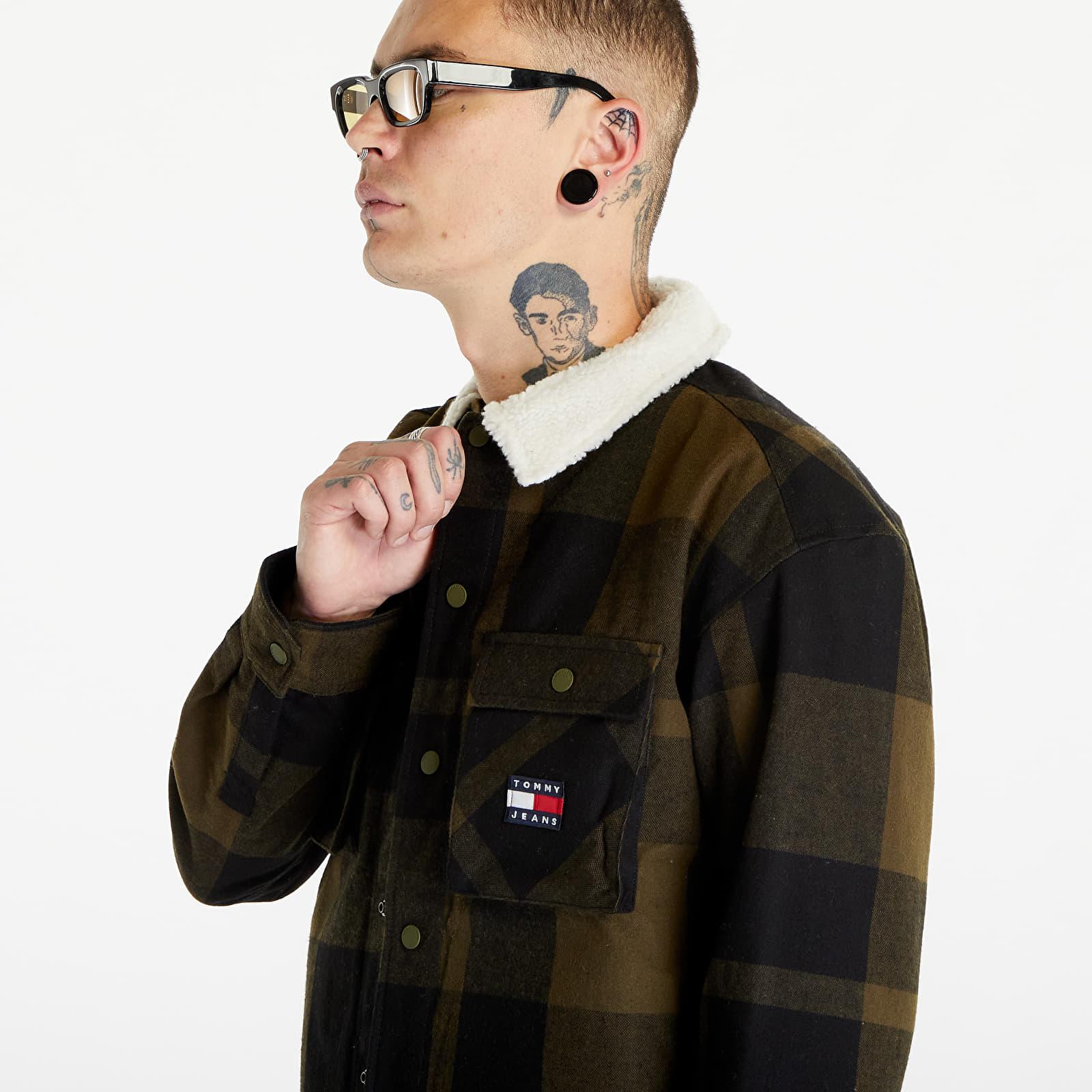 Bundy Tommy Jeans Check Sherpa Lin Overshirt Green