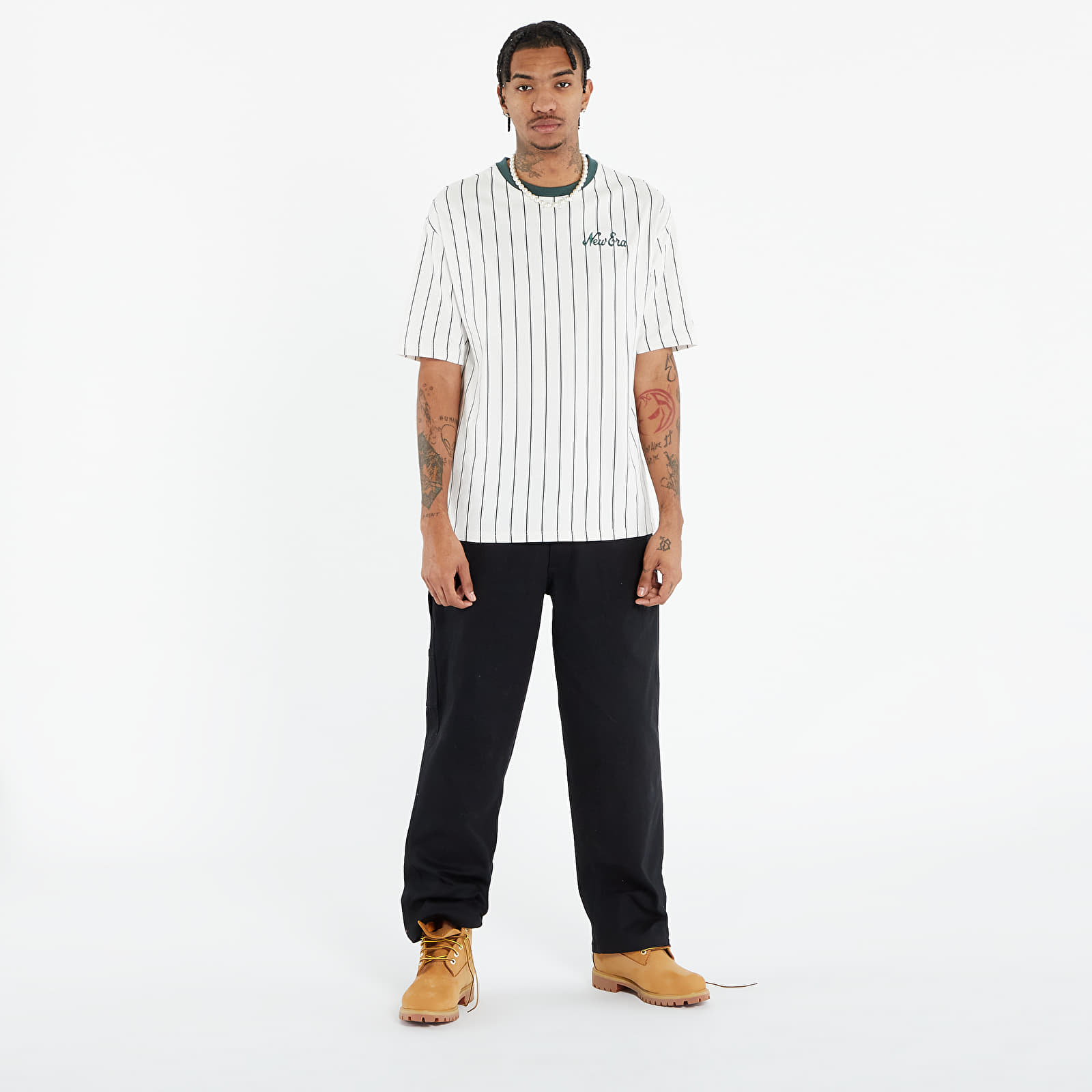 T-Shirts New Era Heritage Pinstripe Oversized Tee UNISEX Off White/ Dark Green