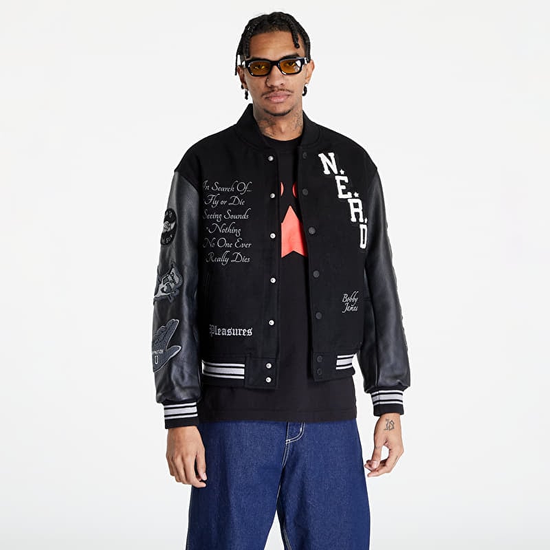 PLEASURES x N.E.R.D Varsity Bomber Jacket Black | Queens